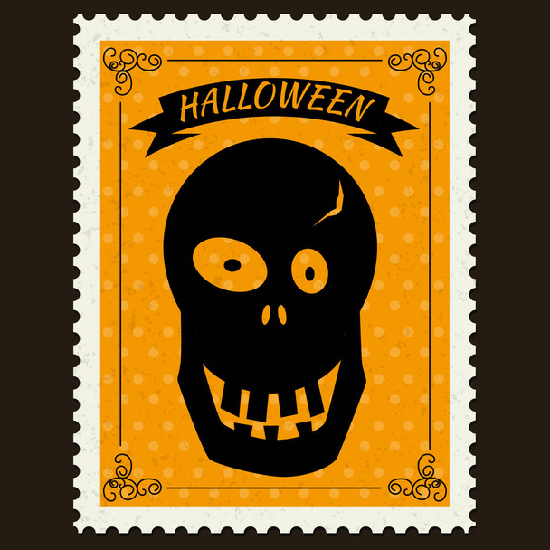 Boldog halloween postai bélyegek a koponya, Halloween rajzfilmfigura szimbóluma. Vektor elszigetelt retro vintage - Vektor, kép