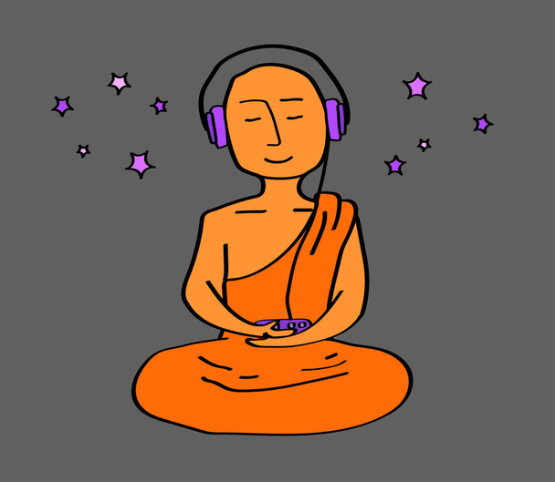 Boeddhistische monnik in hoofdtelefoon die naar muziek luistert. Vectorillustratie. - Vector, afbeelding
