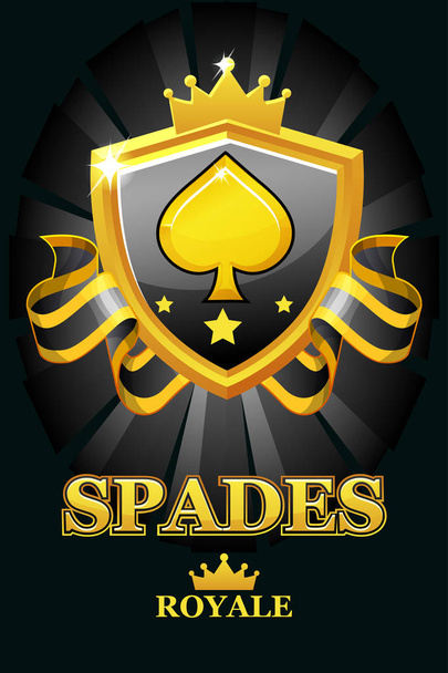 SPADES Royale in black shield. Casino banner with award ribbon and crown. - Vector, Image