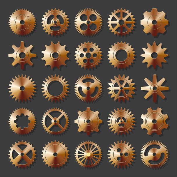 Набор трехмерных металлических зубчатых колес изолирован на темном фоне. Векторная иллюстрация
 - Вектор,изображение