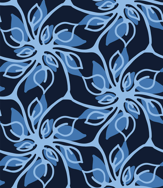 Naadloze patroon Indigo blauwe bloemmotief Japanse stijl. Hand getrokken geverfd Floral damast textiel. Decoratieve trendy monochroom over de hele print.  - Vector, afbeelding