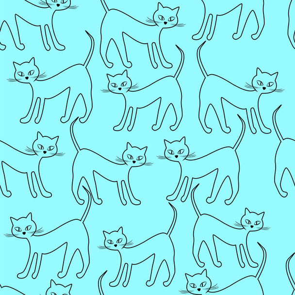 Seamless pattern of outlines of cats on a blue background. Vector Wallpaper background. - Vecteur, image