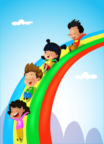 Εικονογράφηση παιδιών διαφορετικών εθνικοτήτων με ολίσθηση κάτω - Διάνυσμα, εικόνα