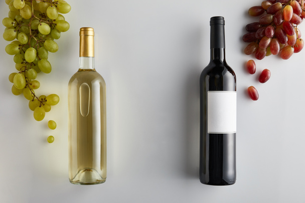 top view of bottles with wine near grape on white background - Photo, image
