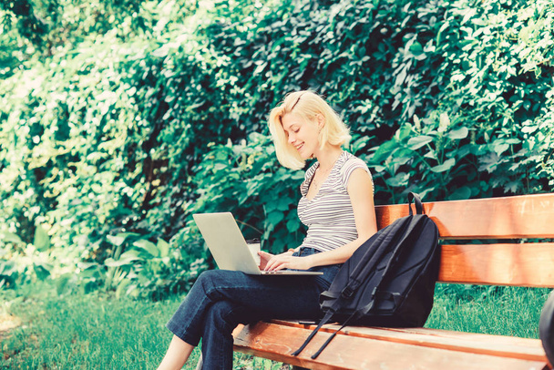 happy woman work on laptop. modern business woman work outdoor. business communication. coffee break at business lunch. agile business. Pretty woman. Living in digital age - Фото, изображение
