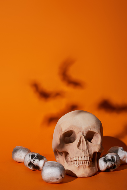 schedels met vleermuizen schaduw op oranje achtergrond, Halloween decoratie - Foto, afbeelding