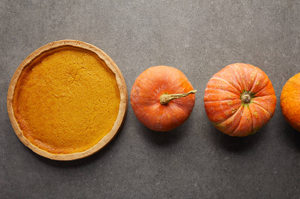 top view of delicious pumpkin cake near whole fresh pumpkins on grey stone surface - 写真・画像