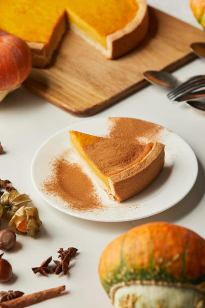 selective focus of tasty pumpkin pie near whole pumpkin and spices on white surface - Photo, Image