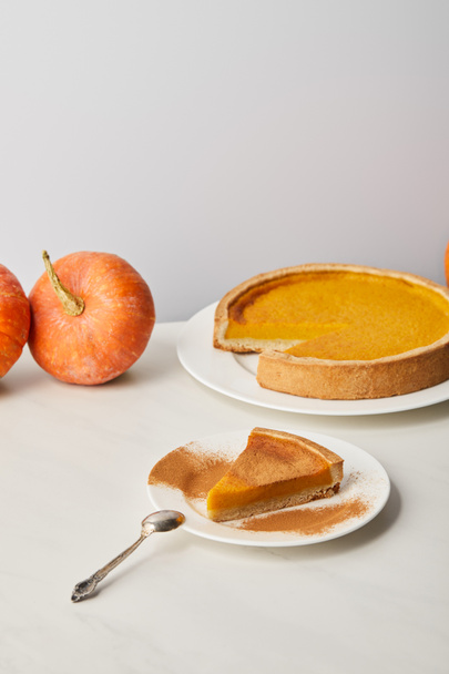 tasty pumpkin pie with cinnamon powder near whole ripe pumpkins on white marble surface isolated on grey - Foto, Imagem