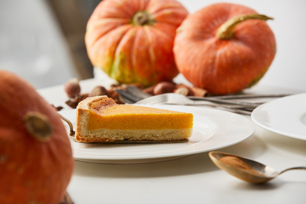 selective focus of delicious pumpkin pie near whole fresh pumpkins on white table - Foto, afbeelding