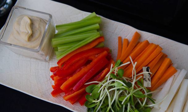 dish set vegetables ������long smooth slices sauce - Zdjęcie, obraz