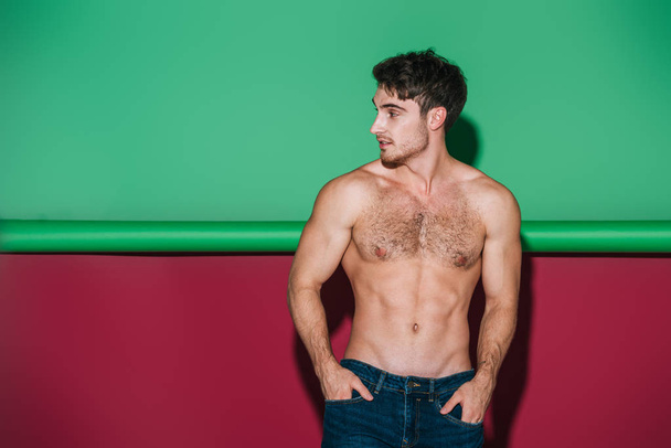 sexy shirtless man in denim jeans holding hands in pockets and looking away on green and red background - Photo, image