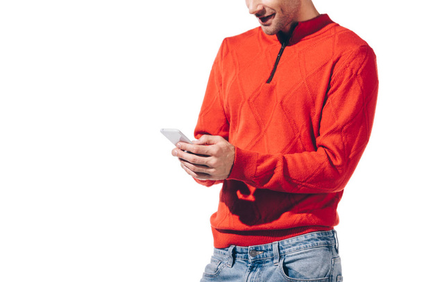 cropped view of smiling man using smartphone, isolated on white - Photo, Image
