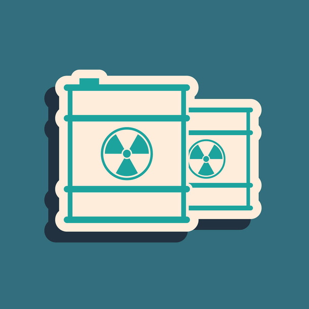 Green Radioactive waste in barrel icon isolated on blue background. Toxic refuse keg. Radioactive garbage emissions, environmental pollution. Long shadow style. Vector Illustration - Vektor, obrázek