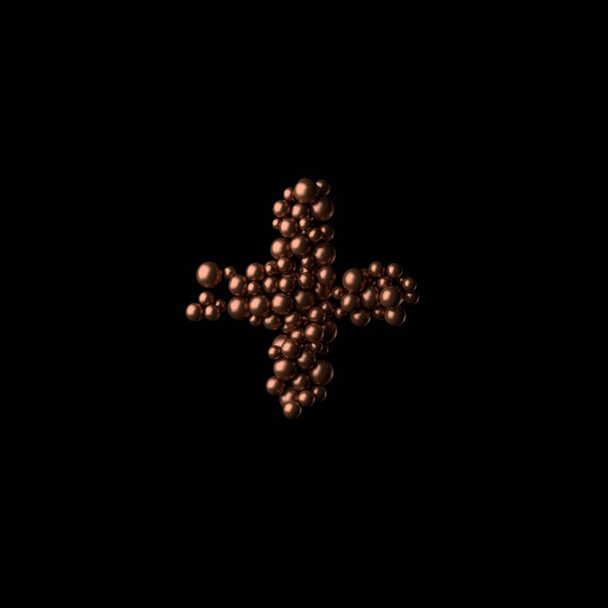 Abstrakcyjny symbol brązu plus wykonany z maleńkich kul na czarnym tle.Rendering 3d. Fantazyjny alfabet - Zdjęcie, obraz