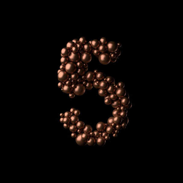 Dígito de bronze abstrato cinco feito de esferas minúsculas em fundo preto.3D renderização
 - Foto, Imagem