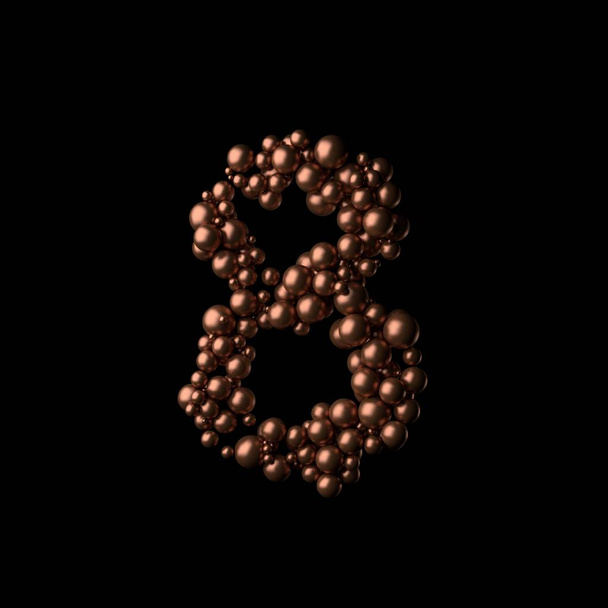 Abstraktní bronzová číslice osm z malých kuliček na černém pozadí.3D vykreslování - Fotografie, Obrázek