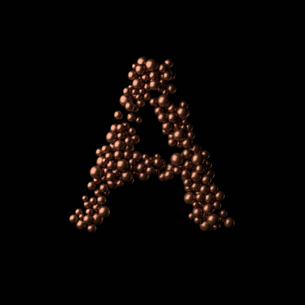 Αφηρημένο χάλκινο γράμμα Α κατασκευασμένο από μικροσκοπικές σφαίρες σε μαύρο φόντο.3d απόδοση. Φανταστικό αλφάβητο - Φωτογραφία, εικόνα