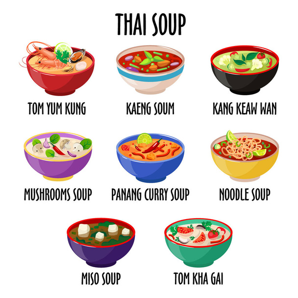 Ταϊλανδέζικη σούπα εικονίδιο σετ, διαφορετικά πιάτα σε πολύχρωμα μπολ απομονωμένο - Διάνυσμα, εικόνα