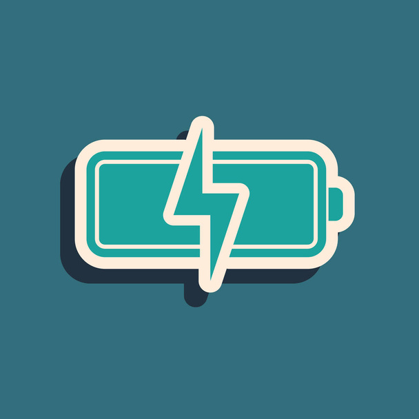 Green Battery icon isolated on blue background. Lightning bolt symbol. Long shadow style. Vector Illustration - Vector, Image