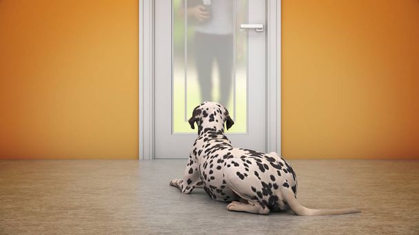 Perro esperando por la puerta principal. renderizado 3d
 - Foto, imagen