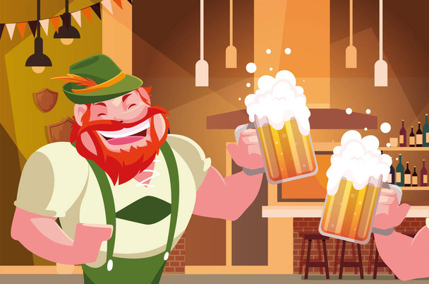 hombre con vestido tradicional alemán beber cerveza en el bar Oktoberfest celebración
 - Vector, imagen