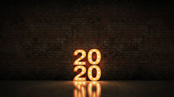 Festzeltbeleuchtung 2020 Buchstabenschild, Neujahr 2020. 3D-Darstellung - Foto, Bild