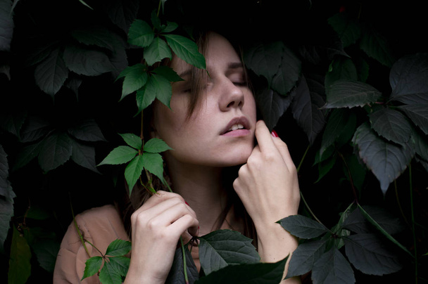 όμορφο κορίτσι σε πράσινα φύλλα, πορτραίτο μιας ελκυστικής γυναίκας σε φυτά, χαριτωμένο πρόσωπο σε ένα φόντο της βλάστησης, κοντινό-up - Φωτογραφία, εικόνα