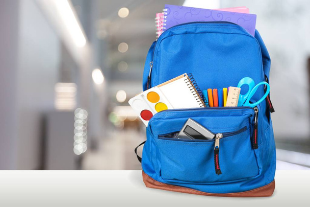 School Backpack with stationery, back to school background - 写真・画像