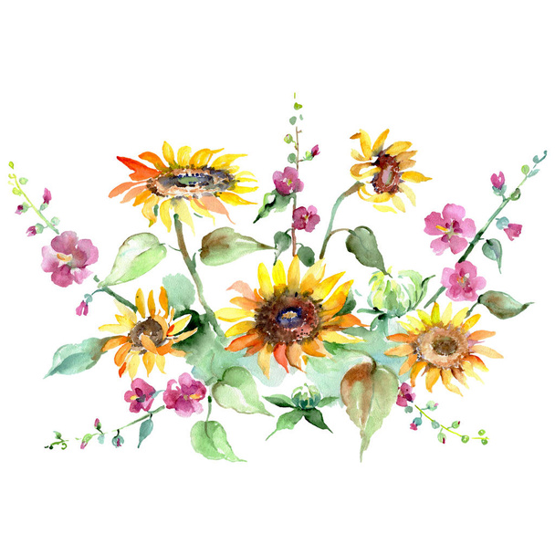 Sunflovers bouquet floral botanical flowers. Watercolor background set. Isolated bouquet illustration element. - Photo, Image