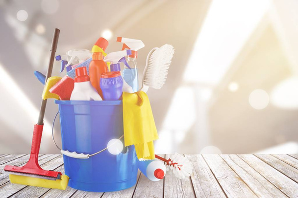 bucket of cleaning equipment and tools - 写真・画像