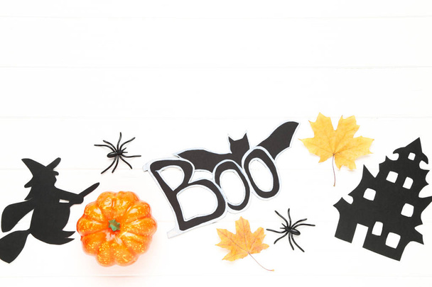 Papel decoraciones de halloween con hojas secas y arañas en blanco
  - Foto, imagen