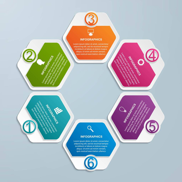 Šablona možností šestiúhelníku pro infografiku. Infographics for business presentations or information banner. - Vektor, obrázek