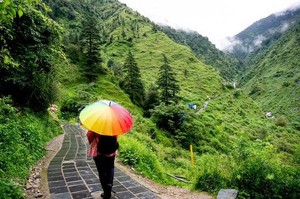 Jovem indiana com guarda-chuva colorido caminhando um caminho de montanha na Índia
 - Foto, Imagem