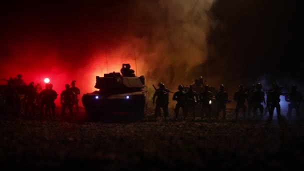 War Concept. Military silhouettes fighting scene on war fog sky background, World War German Tanks Silhouettes Below Cloudy Skyline At night. Attack scene. Armored vehicles and infantry. - Footage, Video