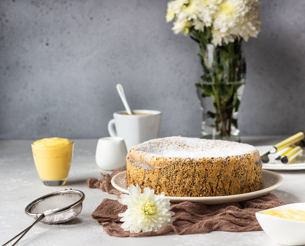 Poppy seed cake with powdered sugar and custard with a cup of coffee. Traditional Polish poppy seed cake  Makovnik. Delicious breakfast or dessert.  - Fotoğraf, Görsel