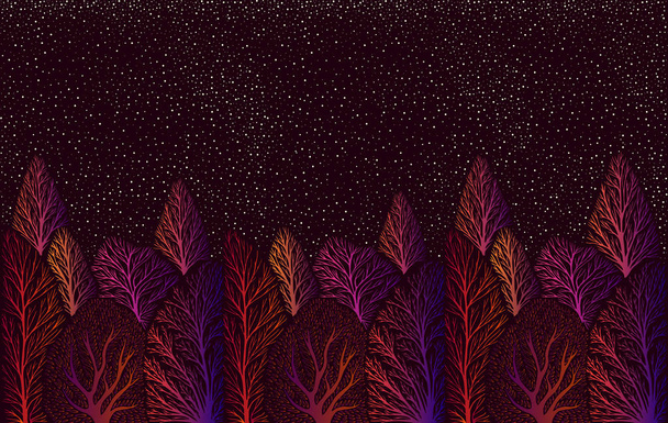 Psychedelisch surrealistisch kleurrijk landschap met bos en nacht sta - Vector, afbeelding