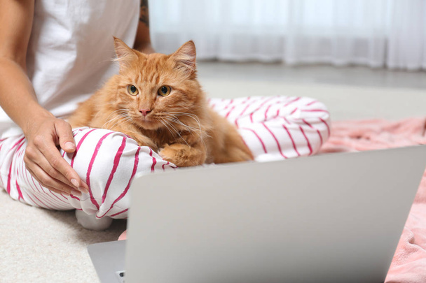 Woman with cute red cat and laptop at home, closeup view. Space for text - Фото, зображення