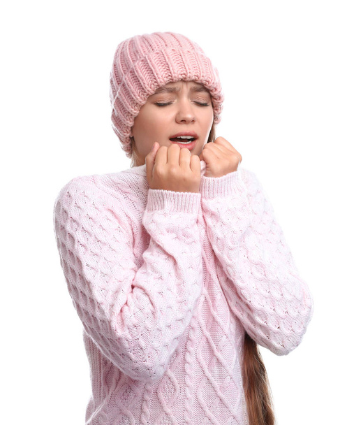 Young woman suffering from cold on white background - Foto, Imagen