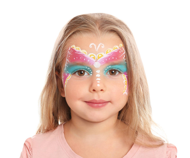 Cute little girl with face painting on white background - Foto, Imagem