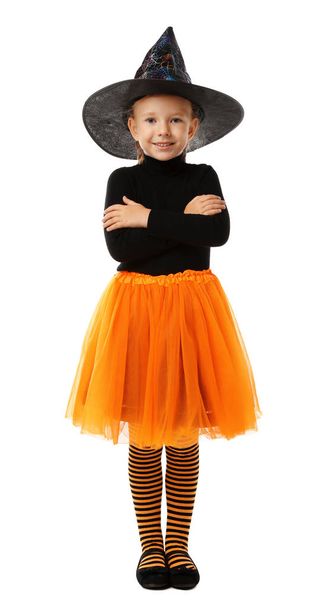 Cute little girl wearing Halloween costume on white background - Photo, image