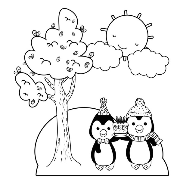 Penguins cartoons with happy birthday icon design - Vektori, kuva