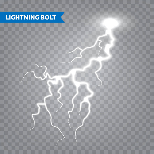 Realistic lightning on transparent background. Thunderstorm and lightning bolt. Sparks of light. Stormy weather effect. Vector illustration. - Vector, Image