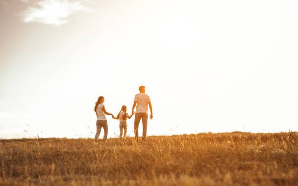 Family on walk in field holding hands - 写真・画像