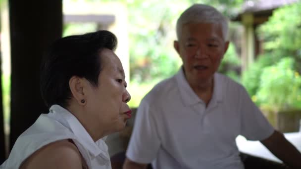 Asian senior elderly couple having conversation with friends - Felvétel, videó