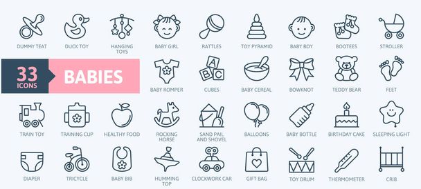 Bébés, jouets pour bébés, éléments d'alimentation et de soins - jeu d'icônes en ligne mince. Aperçu de la collection d'icônes. Illustration vectorielle simple
. - Vecteur, image
