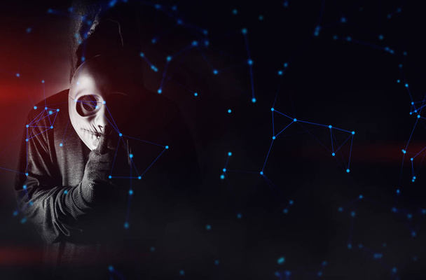 hacker man wear mask terrorist with virus computer attack to server network system online in data internet security hacking ai concept - Fotó, kép