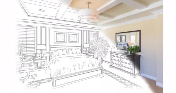 4k Custom Master Bedroom Drawing Brush Stroke Transitioning Down and Left to Photograph. - Footage, Video