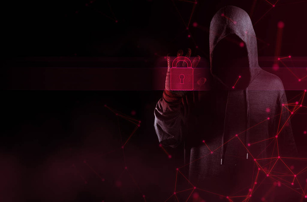 hacker man wear mask terrorist with virus computer attack to server network system online in data internet security hacking ai concept - Photo, Image