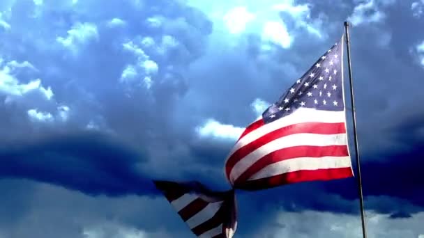 Full HD Left Facing American Flag Slow Motion Waving In Wind With Ghosted Time-lapse Clouds - Footage, Video